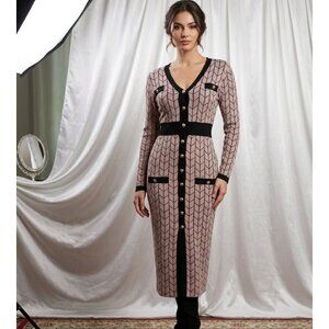 Chevron Pattern Button-Down Midi Dress size L With Black Accents & Gold Buttons